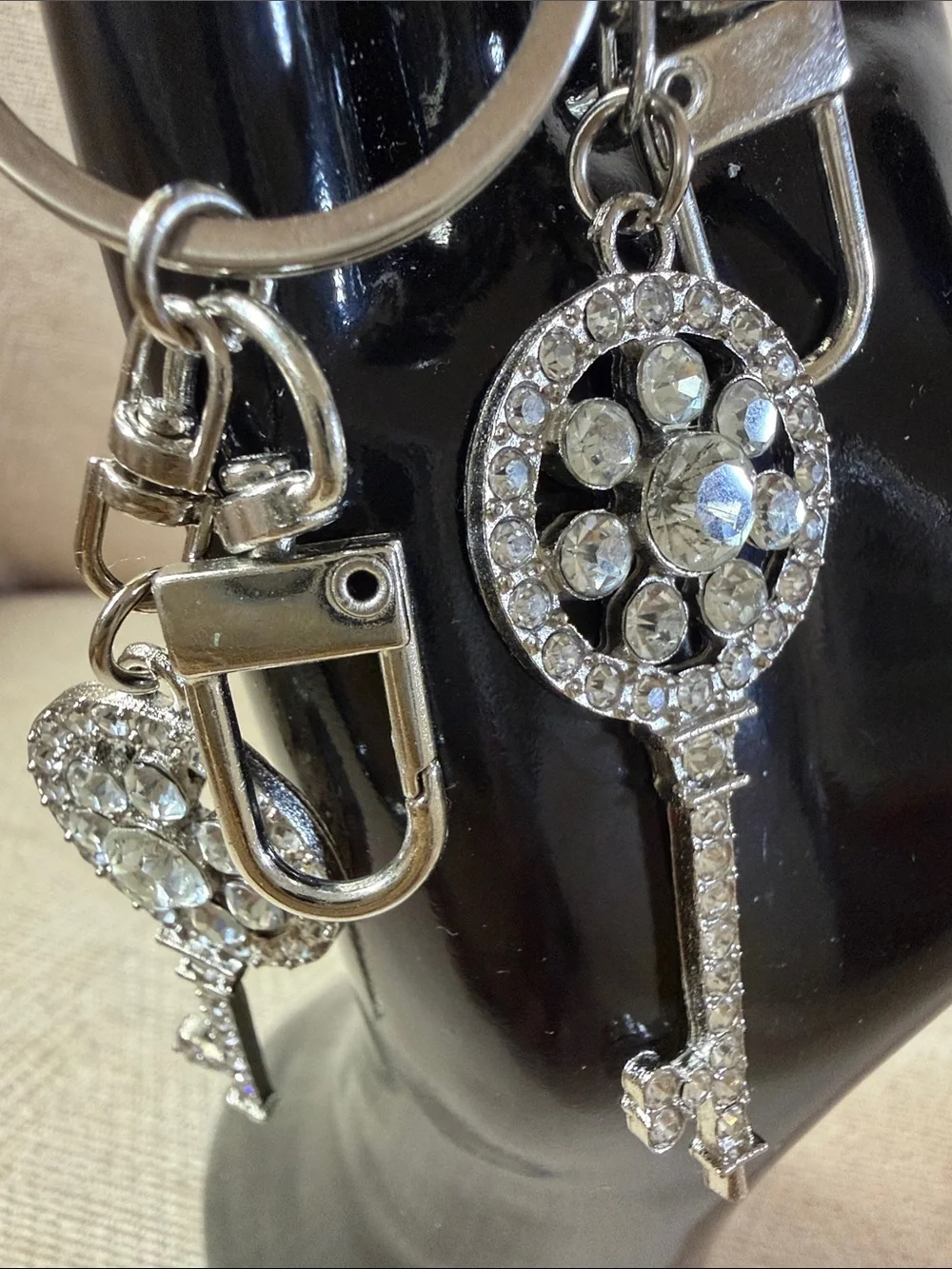Rhinestone Key Charm Keychain - Silver Crystal Key Design (2)